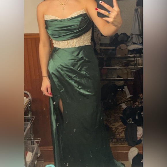 Beaded Off-the-shoulder A-line Dress With Slit Dark Green